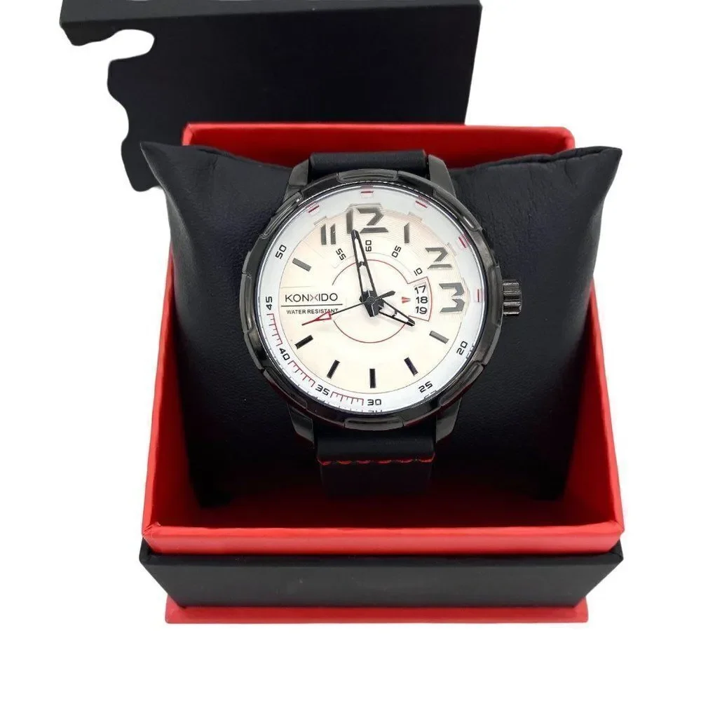 Konxido Men’s 50mm Stainless Steel Quartz Watch Black Leather Band New